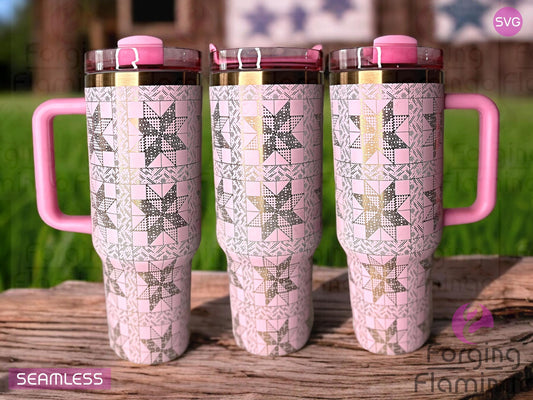 Composite image of a single tumbler engraved with Forging Flamingo's 8 Point Star Quilt design, shown from multiple angles to highlight engraved quilt-style blocks with star patterns in a seamless folk-inspired wrap. Created using the digital file for 20oz/30oz/40oz tumblers.