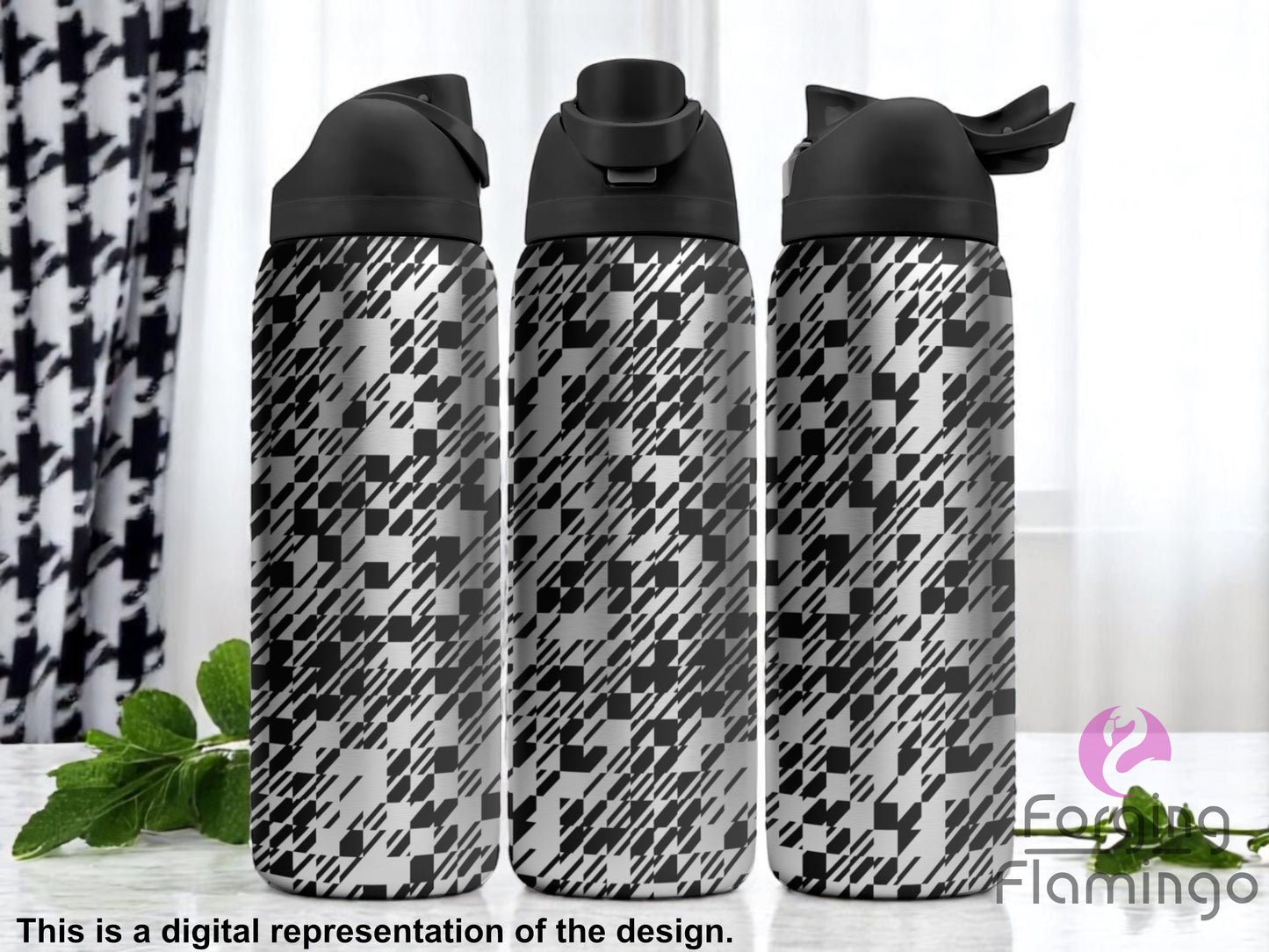 Three stainless steel Owala tumblers with bold black laser-engraved abstract houndstooth pattern, displayed in a bright indoor setting with sheer curtains and green plants. Forging Flamingo logo appears in the bottom right corner.