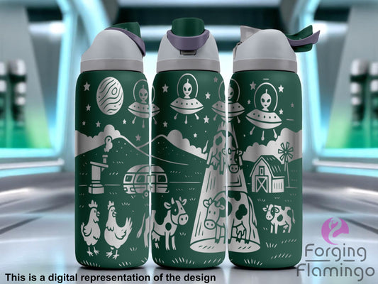 Three dark green Owala tumblers with laser-engraved alien abduction farm scene, featuring UFOs beaming up cows, chickens, a barn, planets, and stars. Displayed in a sci-fi styled environment with a glowing metallic backdrop. Forging Flamingo logo appears in the bottom right corner.