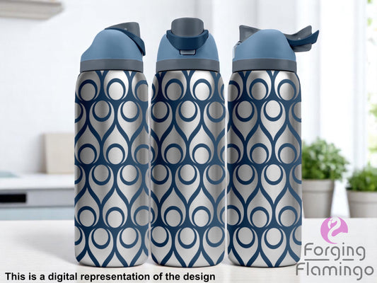 Three stainless steel tumblers with blue flip-top lids, engraved with a modern geometric pattern of teardrop-shaped loops and circles arranged in a symmetrical repeating design, displayed against a clean, minimal background with potted plants. Text below reads “This is a digital representation of the design.”