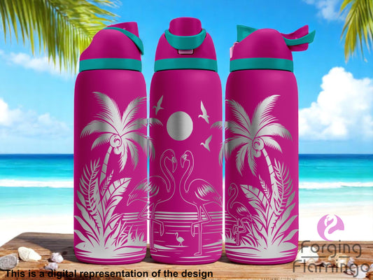 Three bright pink tumblers with flip-top lids, engraved with a tropical beach scene featuring flamingos, palm trees, birds, and a sun, displayed against a sunny beach background with turquoise ocean, blue sky, and palm fronds. Text below reads “This is a digital representation of the design