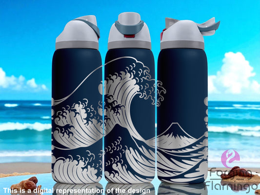 Three navy blue Owala tumblers with laser-engraved artwork inspired by The Great Wave off Kanagawa, featuring stylized ocean waves and Mount Fuji. Displayed at the beach with a bright blue sky and ocean in the background. Forging Flamingo logo appears in the bottom right corner.