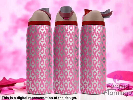 Three stainless steel tumblers with flip-top lids, engraved with an all-over pattern of pink awareness ribbons, displayed against a soft pink background with scattered rose petals. Text below reads “This is a digital representation of the design.”