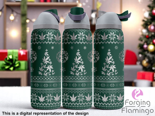 Three stainless steel tumblers with silver and forest green design, featuring Christmas trees made of cannabis leaves, snowflakes, and festive sweater-style patterns. Background shows a decorated room with wrapped presents, a Christmas tree, and string lights. Text at the bottom reads “This is a digital representation of the design.”
