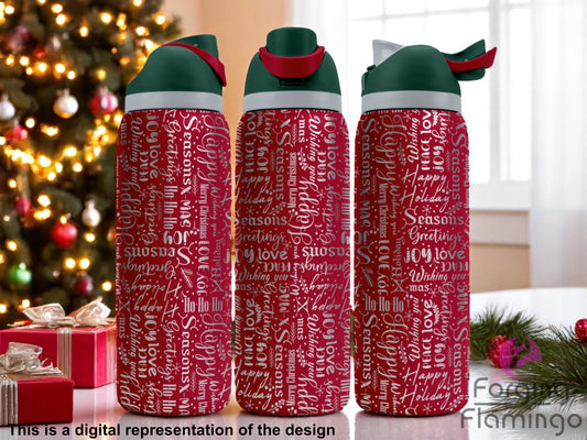 Three red Owala tumblers with white laser-engraved Christmas-themed typography including phrases like “Happy Holidays,” “Joy,” “Season’s Greetings,” and “Ho Ho Ho,” displayed in a festive room with a decorated Christmas tree, wrapped gifts, and holiday greenery. Forging Flamingo logo appears in the bottom right corner.