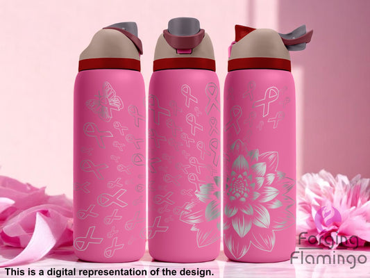 Three pink tumblers with flip-top lids, engraved with an arrangement of awareness ribbons, a butterfly, and a large detailed flower, displayed against a soft pink background with ribbon accents and pink flowers. Text below reads “This is a digital representation of the design.”