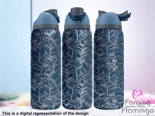 Three stainless steel tumblers with a dark blue coating, featuring a seamless laser-engraved pattern of tropical banana leaves in an intricate line art style. The tumblers are displayed against a soft gradient background in light blue and lavender tones. Text at the bottom reads “This is a digital representation of the design.”
