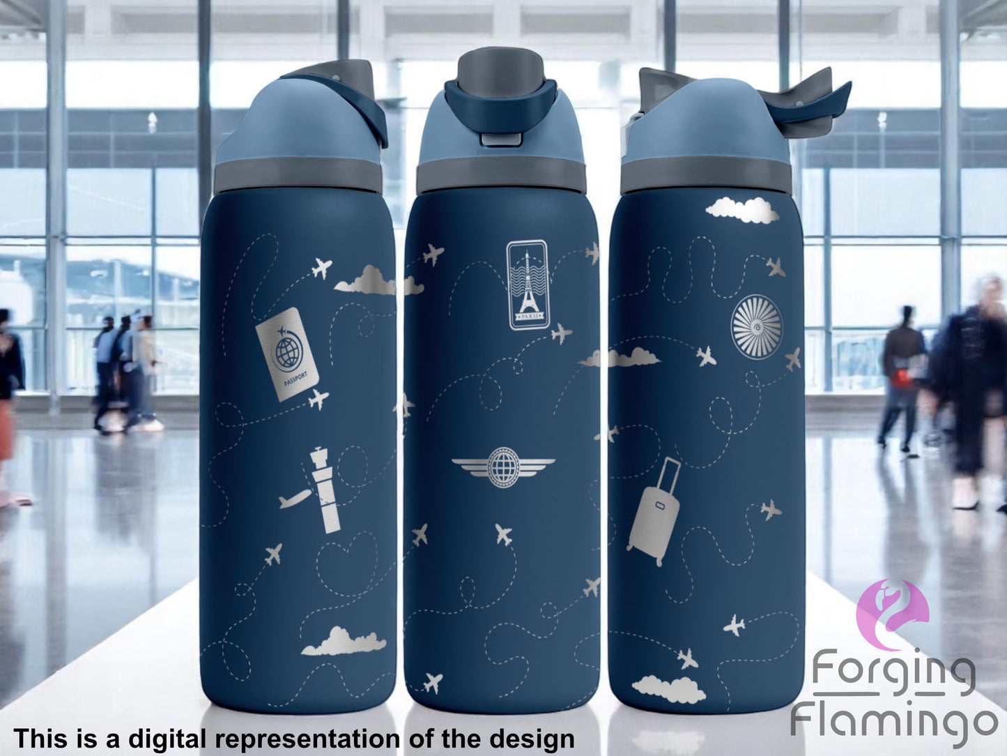 Three navy blue Owala tumblers with laser-engraved travel-themed illustrations, including airplanes, luggage, passports, and dotted flight paths, displayed inside an airport terminal with large windows. Forging Flamingo logo appears in the bottom right corner.