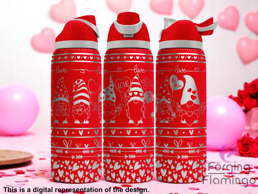 Three red tumblers with flip-top lids, engraved with Valentine’s gnome designs, hearts, arrows, and love-themed patterns, displayed with pink balloons and heart decorations in the background.