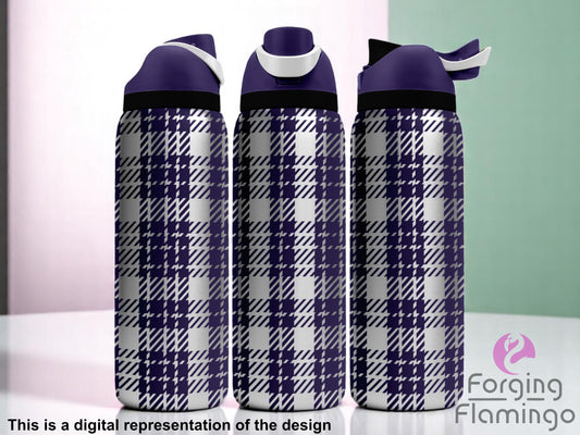Three silver Owala tumblers with a full-wrap navy and black laser-engraved tartan plaid pattern, displayed on a light surface with a softly blurred pink and green background. Forging Flamingo logo appears in the bottom right corner.