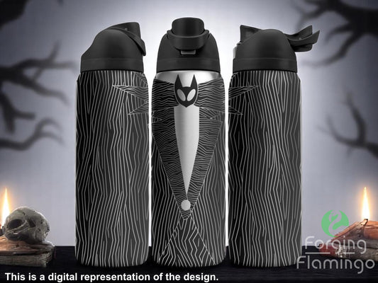 Three black tumblers with flip-top lids, engraved with a pinstripe suit design and a spooky character face with bat-like features, displayed against a dark eerie background with tree silhouettes, candles, and a skull. Text below reads “This is a digital representation of the design.”