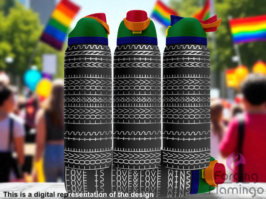 Three black Owala tumblers with rainbow-colored lids and flip spouts, each engraved with intricate horizontal stitch and tribal-inspired patterns. The bottom section of the design features repeated vertical text that reads “LOVE IS LOVE” and “LOVE WINS” in bold capital letters. Each tumbler has a slightly different crop of the wrap. The background shows a blurred pride parade with rainbow flags and colorful crowd. Forging Flamingo logo appears in the lower right corner.
