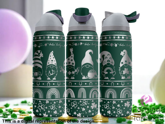 Three dark green stainless steel tumblers with a St. Patrick’s Day-themed laser-engraved design. Each tumbler features whimsical gnomes wearing festive hats, holding shamrocks, rainbows, mugs, or pots of gold. The cups are decorated with shamrocks, horseshoes, rainbows, and the phrase “feelin' lucky.” The background shows green and purple festive decorations with gold coins. Text at the bottom reads “This is a digital representation of the design.”