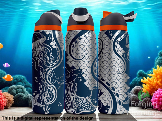 Three digital mockup tumblers with a matte navy blue finish and orange lids, displayed in an underwater coral reef scene. The tumblers feature a continuous laser-engraved ocean design with a mermaid, jellyfish, swirling octopus tentacles, a shark, stingray, starfish, and coral. The background includes scale textures resembling a mermaid tail. The illustration is done in fine white linework, and the tumblers are shown from three angles to showcase the wraparound effect.