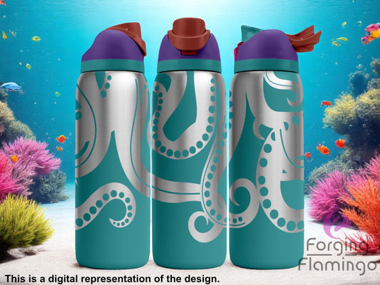 Three teal and stainless steel tumblers with flip-top lids, engraved with large octopus tentacle designs wrapping around the cups, displayed against an underwater coral reef scene with colorful fish. Text below reads “This is a digital representation of the design.”