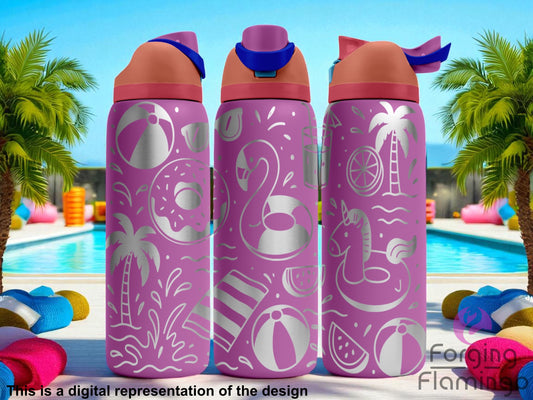 Three pink Owala tumblers featuring a playful laser-engraved summer pool party design. The wrap includes shiny metal illustrations of flamingo floaties, beach balls, palm trees, donuts, watermelon slices, and splashing water. Each tumbler has a different arrangement of the elements across its surface. The lids are a warm coral color with dark pink accents and bold blue flip spouts. The background shows a sunny poolside scene with palm trees and lounge chairs. Forging Flamingo logo in the bottom right.