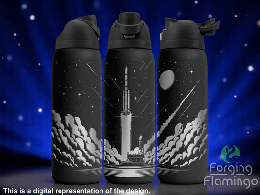 Three black tumblers with flip-top lids, engraved with a space rocket launch design featuring a rocket lifting off through clouds into a starry night sky with the moon and shooting stars. Displayed against a deep blue space-themed background. Text below reads “This is a digital representation of the design.”