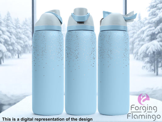 Three light blue Owala tumblers with silver glitter-style engraving fading from top to center, displayed against a snowy winter window backdrop. Forging Flamingo logo appears in the bottom right corner.