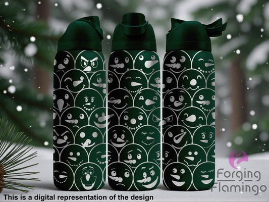 Three green water bottles with a pattern of faces on a snowy background, featuring the brand 'Forging Flamingo'.