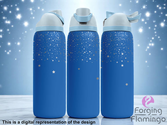 Three royal blue Owala tumblers with laser-engraved starburst and scattered star patterns fading from the top, displayed against a glowing night-sky-inspired background. Forging Flamingo logo is visible in the bottom right corner.