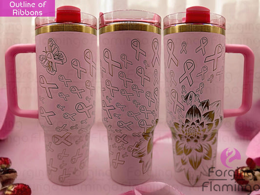 Composite image of a 40oz light pink tumbler with gold engraving, featuring Forging Flamingo's Dahlia Pink Ribbon design. Shown from multiple angles to highlight outlined breast cancer awareness ribbons and floral accents in a seamless wrap. Part of our Bargain Bin collection.