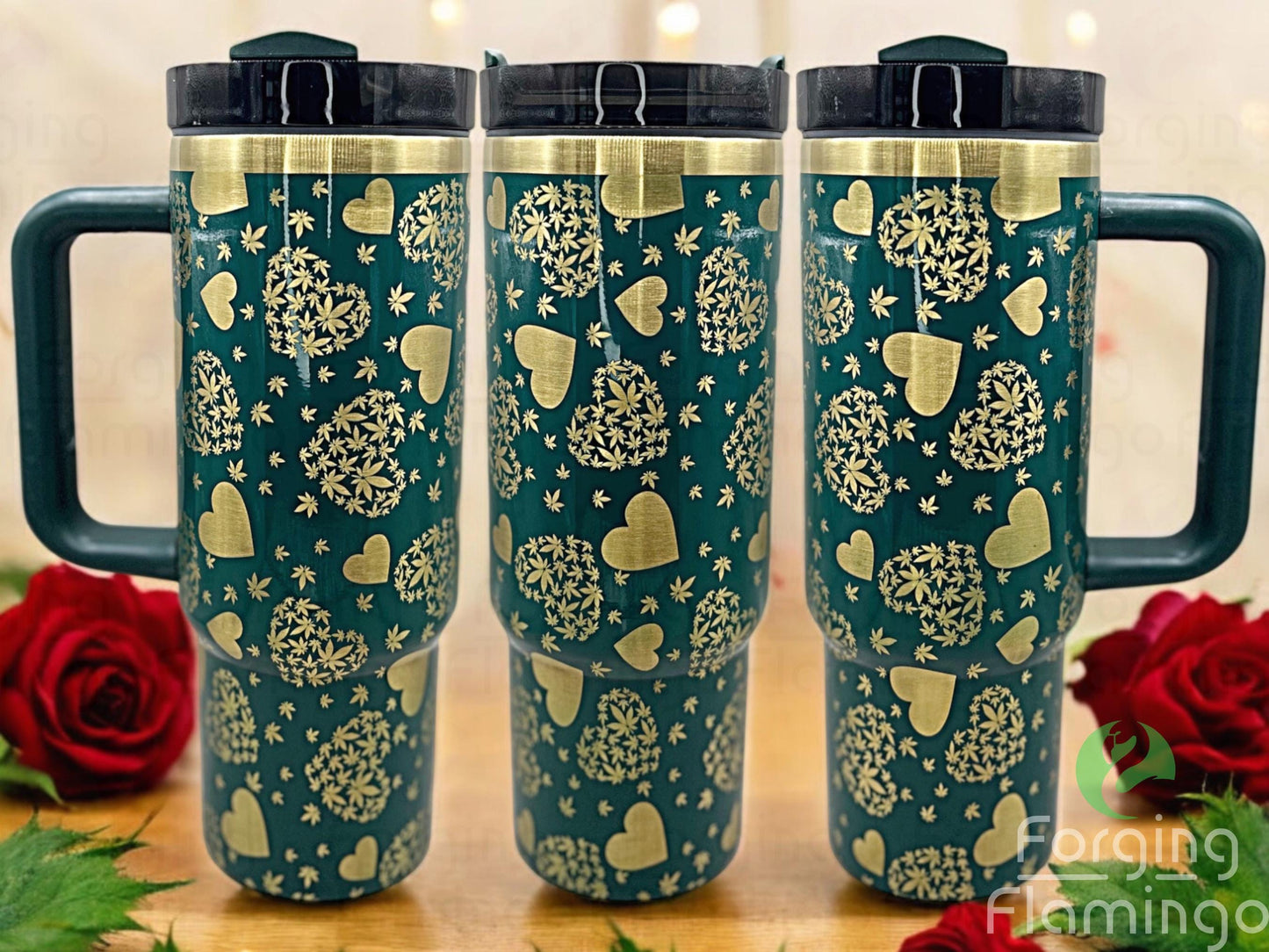 Composite image of a 30oz shiny green tumbler with gold engraving, featuring Forging Flamingo's Pot Love design. Shown from multiple angles to highlight cannabis leaves arranged in heart shapes and playful weed-themed details in a seamless wrap. Part of our Bargain Bin collection.