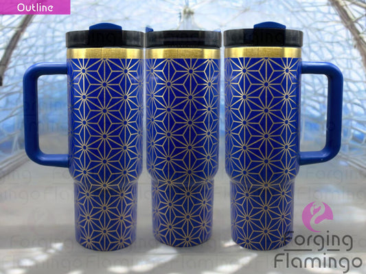 Composite image of a 30oz shiny blue tumbler with gold engraving, featuring Forging Flamingo's Rocketship Mars design. Displayed from multiple angles to showcase futuristic space motifs and bold geometric detail in a seamless wrap. Part of our Bargain Bin collection.