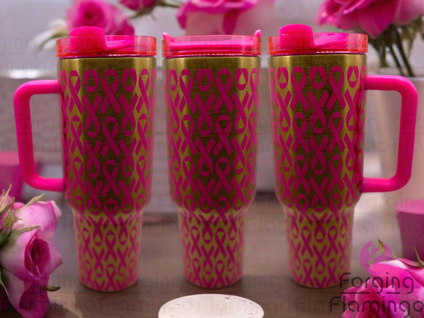 Composite image of a single tumbler engraved with Forging Flamingo's Breast Cancer Ribbon design, shown from multiple angles to showcase awareness ribbons, empowering words, and delicate design elements in a seamless wrap. Created using the digital file for 20oz/30oz/40oz tumblers.