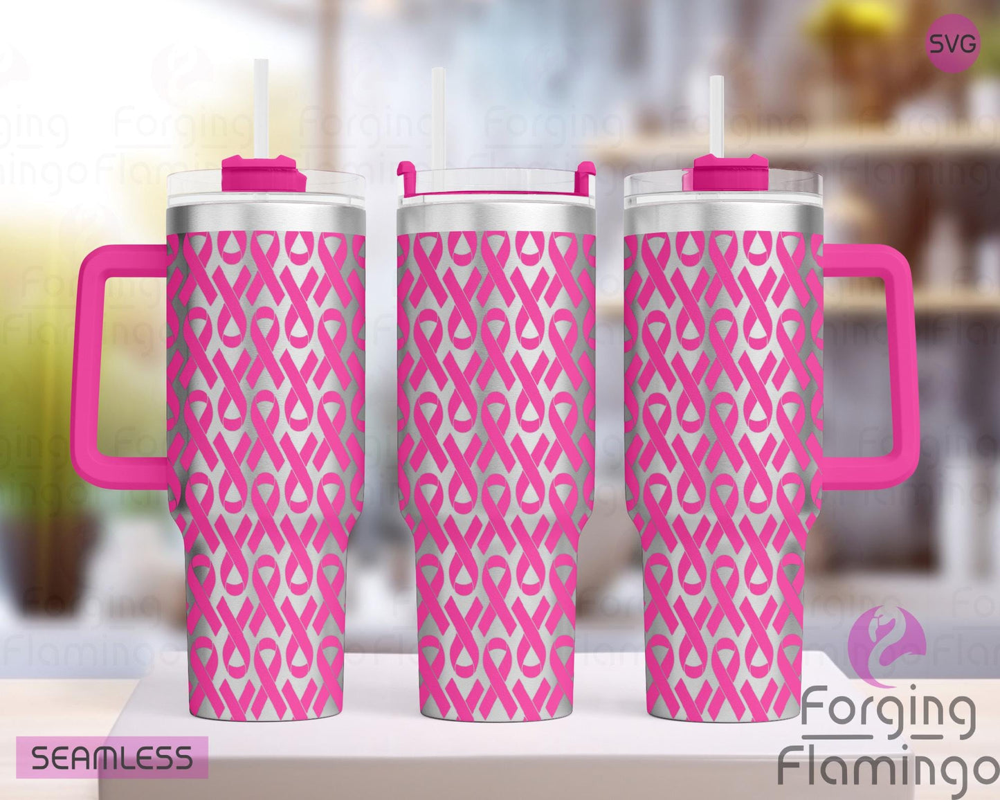 Mockup image of the Breast Cancer Ribbon Tumbler Wrap SVG by Forging Flamingo, displayed on three tumblers featuring pink ribbons, hearts, stars, and inspirational phrases. Digital design shown for 20oz, 30oz, and 40oz tumblers.