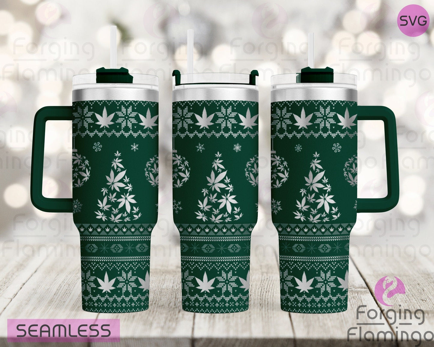 Mockup image of the Cannabis Christmas Sweater Tumbler Wrap SVG by Forging Flamingo, displayed on three tumblers featuring marijuana leaves, snowflakes, and holiday sweater-inspired patterns in a seamless festive wrap. Digital design shown for 20oz, 30oz, and 40oz tumblers.