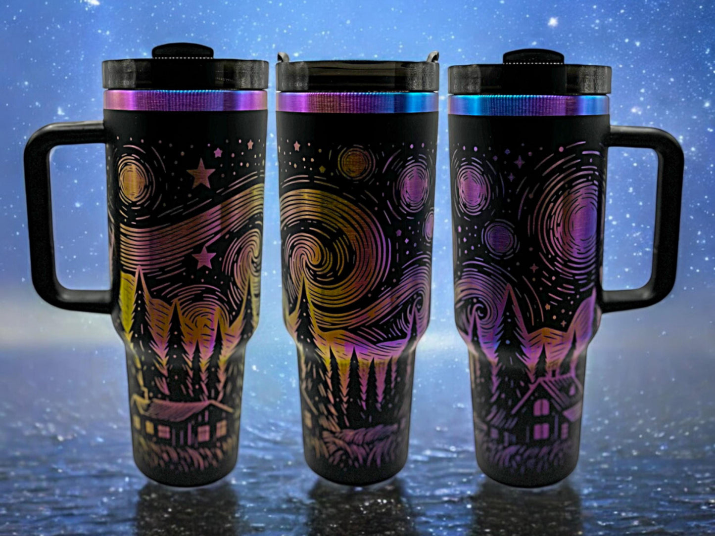Composite image of a black rainbow tumbler engraved with Forging Flamingo's Celestial Evening design, shown from multiple angles to feature glowing stars, constellations, and celestial motifs in a seamless wrap. Created using the digital file for 20oz/30oz/40oz tumblers.