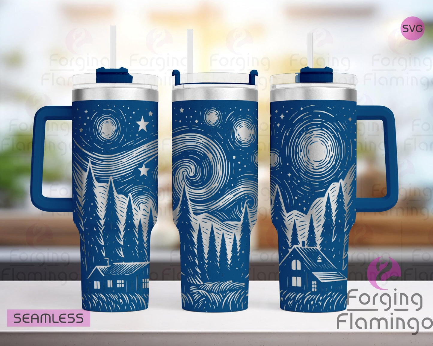 Mockup image of the Celestial Evening Tumbler Wrap SVG by Forging Flamingo, displayed on three tumblers featuring crescent moons, stars, and constellation-style detailing in a seamless night sky wrap. Digital design shown for 20oz, 30oz, and 40oz tumblers.