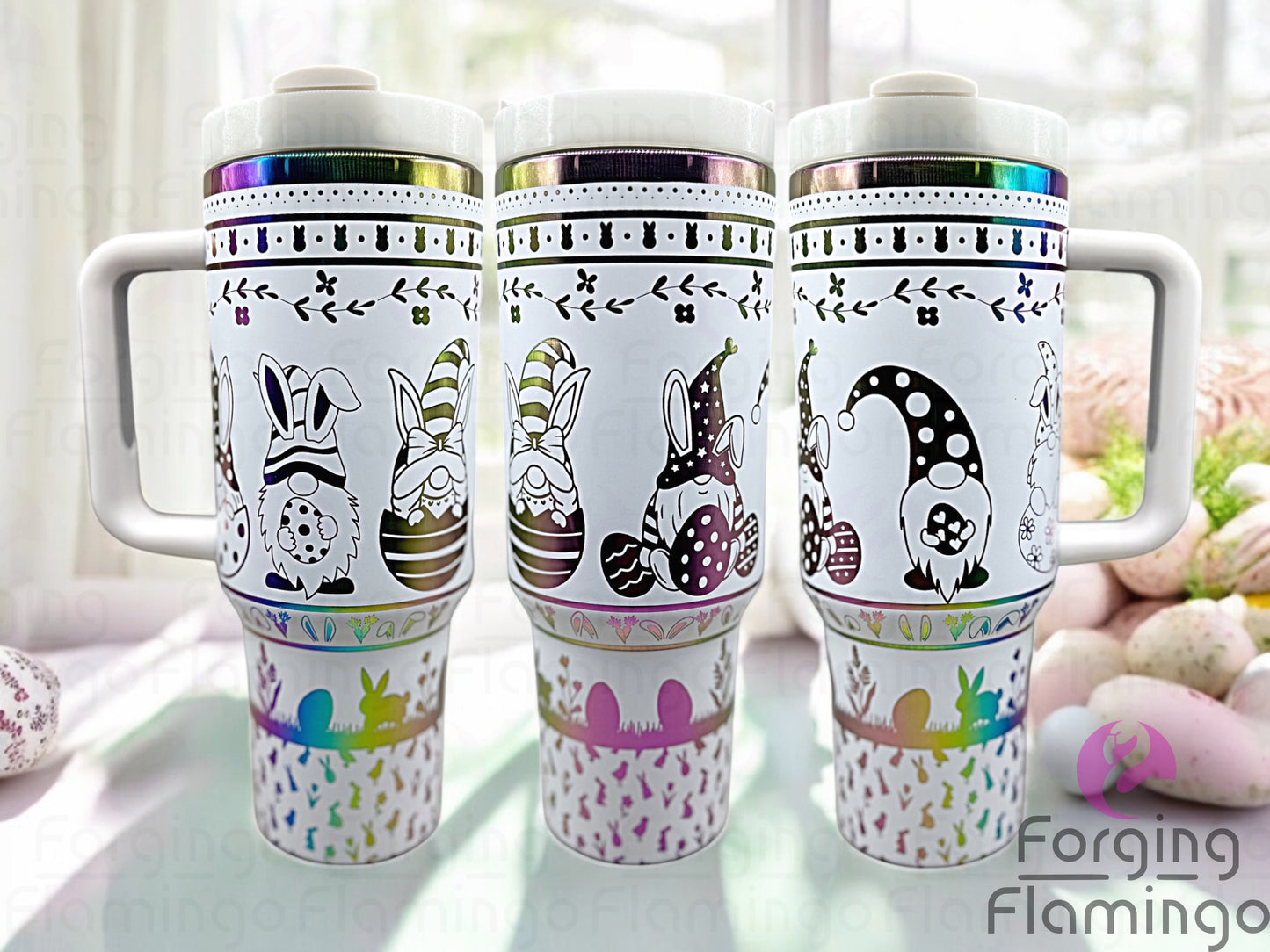 Composite image of a single tumbler engraved with Forging Flamingo's Easter Gnomes design, shown from multiple angles to highlight whimsical gnomes, bunny ears, eggs, and spring-themed details in a seamless wrap. Created using the digital file for 20oz/30oz/40oz tumblers.