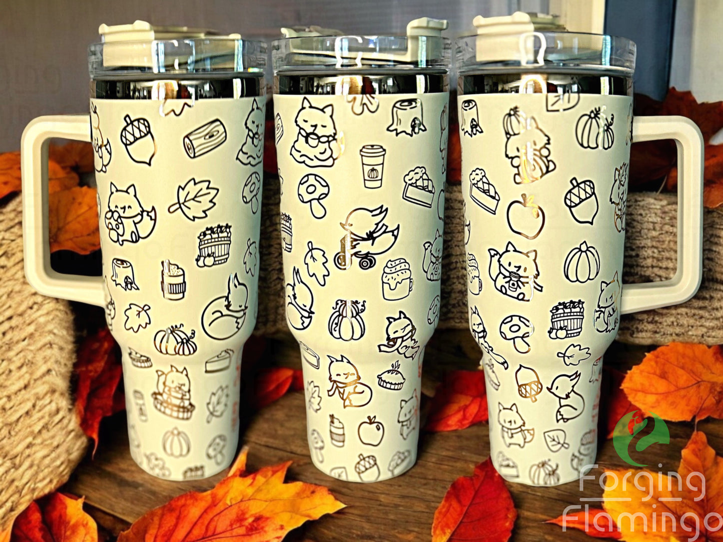Composite image of a single tumbler engraved with Forging Flamingo's Fall Foxes design, shown from multiple angles to highlight cute foxes, fall foliage, and autumnal icons in a seamless seasonal wrap. Created using the digital file for 20oz/30oz/40oz tumblers.