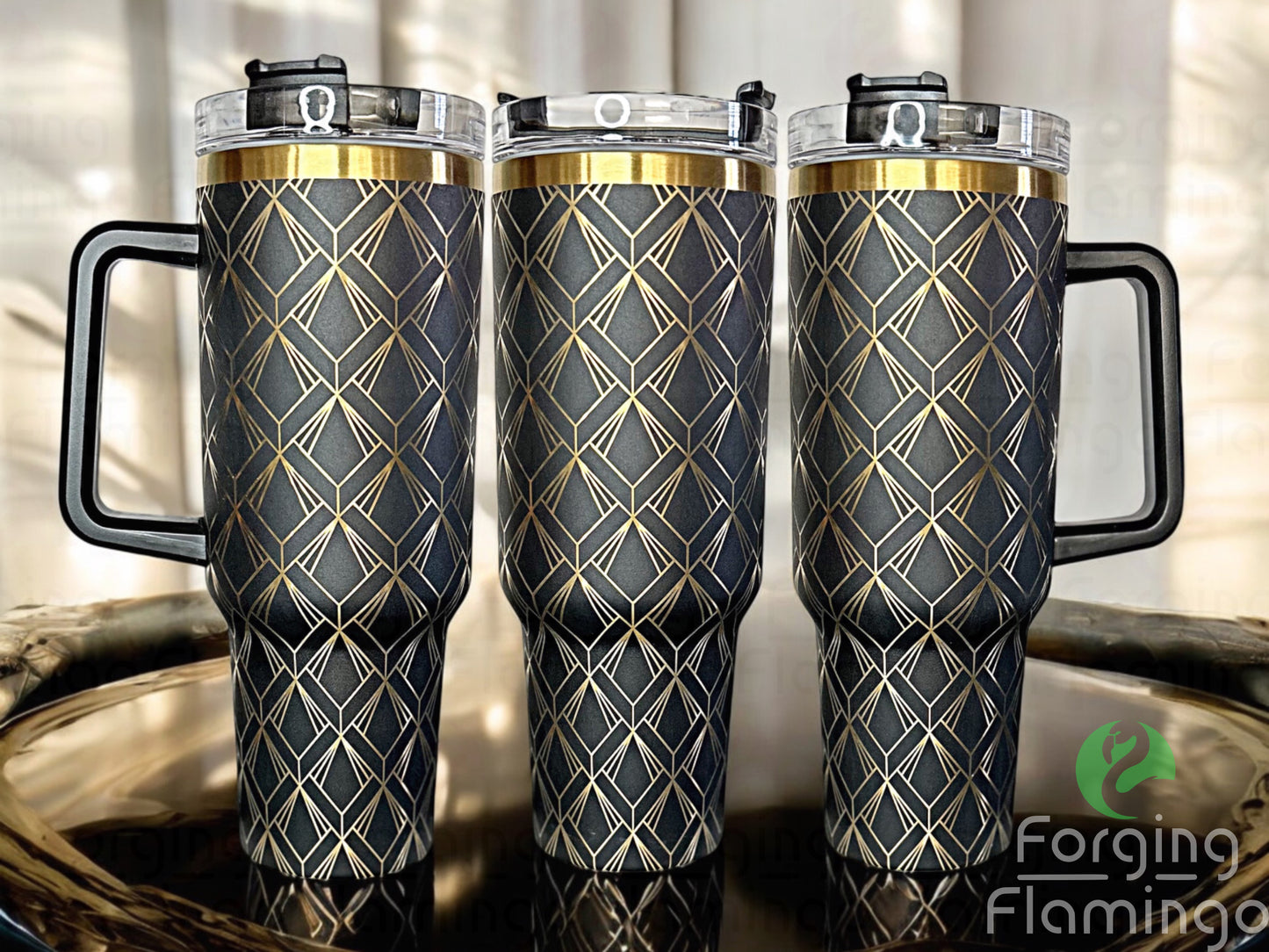 Composite image of a single tumbler engraved with Forging Flamingo's Great Gatsby "Edison" Art Deco design, shown from multiple angles to highlight sweeping lines, deco arches, and symmetrical detail in a seamless 1920s-inspired wrap. Created using the digital file for 20oz/30oz/40oz tumblers.