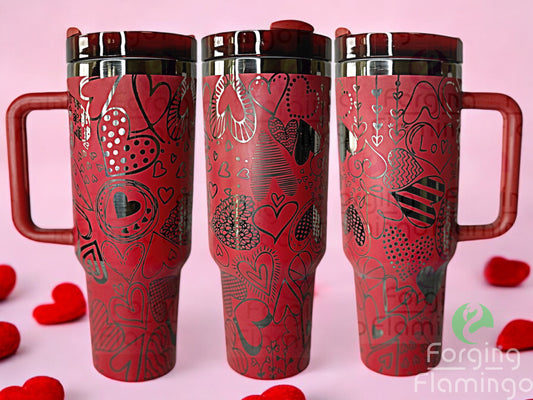 Composite image of a single red onyx tumbler engraved with Forging Flamingo's Heart Doodles design, shown from multiple angles to showcase bold hearts and romantic doodles in a seamless wrap.