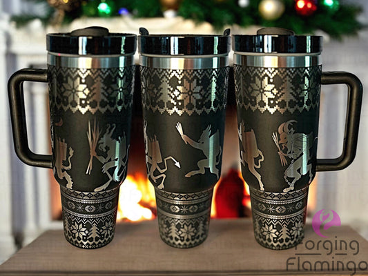Composite image of a single tumbler engraved with Forging Flamingo's Krampus Ugly Christmas Sweater design, shown from multiple angles to highlight the mischievous Krampus motifs and cozy holiday sweater elements in a seamless wrap. Created using the digital file for 20oz/30oz/40oz tumblers.