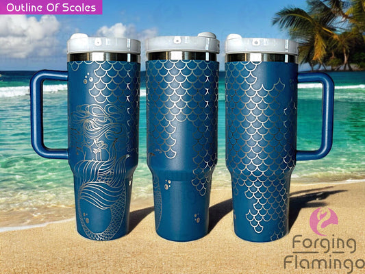 Composite image of a single Non-Branded navy tumbler with a stainless base, engraved with Forging Flamingo's Mermaid design. Displayed from multiple angles to highlight outlined mermaid scales in a graceful, ocean-inspired seamless wrap.