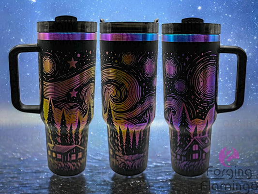 Composite image of a single Non-Branded tumbler with a black rainbow base, engraved with Forging Flamingo's Celestial Evening design, shown from multiple angles to highlight glowing aurora patterns and silhouetted trees in a seamless wrap.