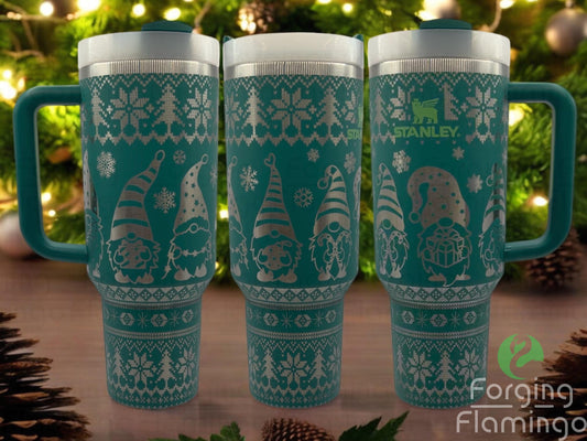 Composite image of a single Non-Branded green tumbler with a stainless base, engraved with Forging Flamingo's Christmas Gnomes design, displayed from multiple angles to showcase cheerful gnomes, snowflakes, and Christmas-themed accents in a seamless wrap.