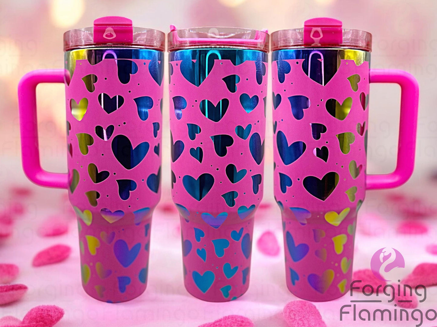 Composite image of a single Non-Branded tumbler engraved with Forging Flamingo's Hearts design, shown from multiple angles to showcase various heart shapes and patterns in a seamless, love-themed wrap.