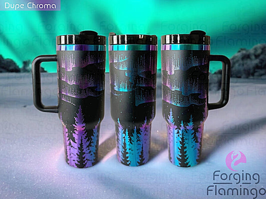 Composite image of a single Non-Branded black tumbler with a rainbow base, engraved with Forging Flamingo's Northern Lights with Trees design, shown from multiple angles to highlight glowing aurora patterns above silhouetted mountain peaks in a seamless wrap.