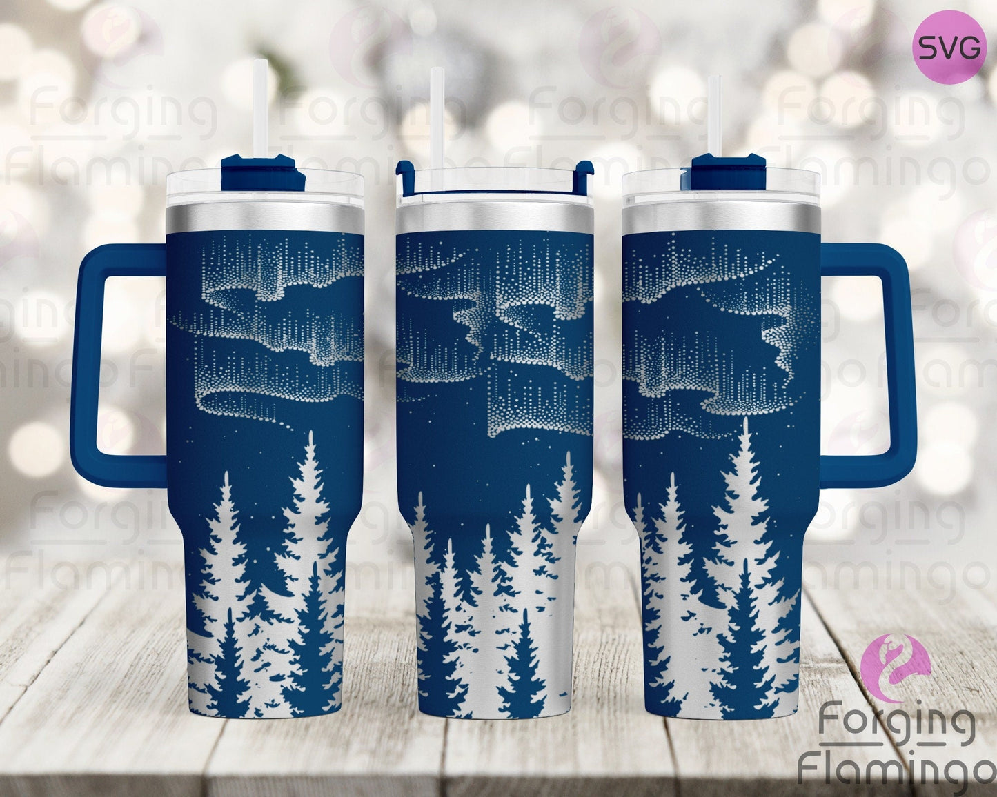 Mockup image of the Northern Lights with Trees Tumbler Wrap SVG by Forging Flamingo, displayed on three tumblers featuring glowing aurora bands above a forest of silhouetted trees in a seamless celestial wrap. Digital design shown for 20oz, 30oz, and 40oz tumblers.