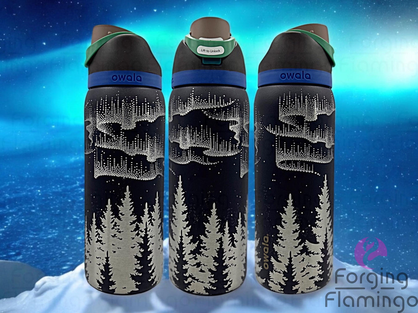 Composite image of a single Owala tumbler engraved with Forging Flamingo's Northern Lights with Trees design, shown from multiple angles to highlight radiant aurora bands above engraved pine trees in a seamless night sky wrap.