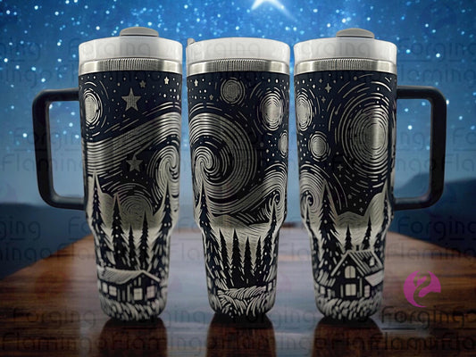 Composite image of a navy Stanley tumbler engraved with Forging Flamingo's Celestial Evening design, featuring a stainless metal base. Displayed from multiple angles to showcase the seamless constellation and moon-themed wrap.