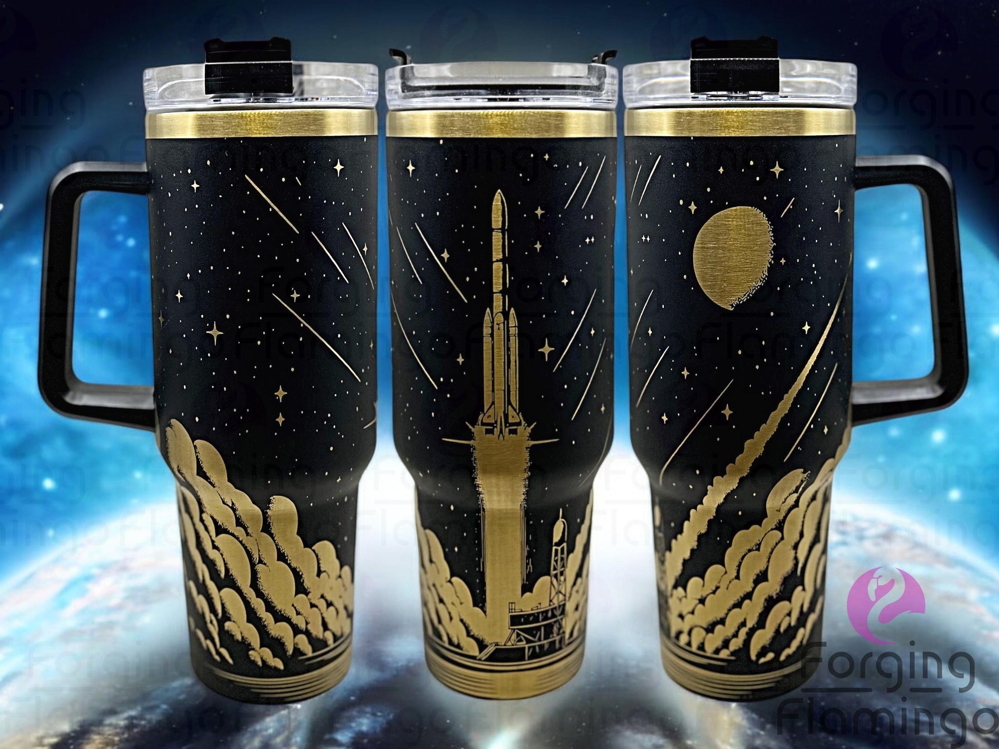 Composite image of a single Stanley tumbler engraved with Forging Flamingo's Rocket Launch design, shown from multiple angles to highlight a detailed rocket blasting off into space with stars, smoke trails, and celestial accents in a seamless wrap.