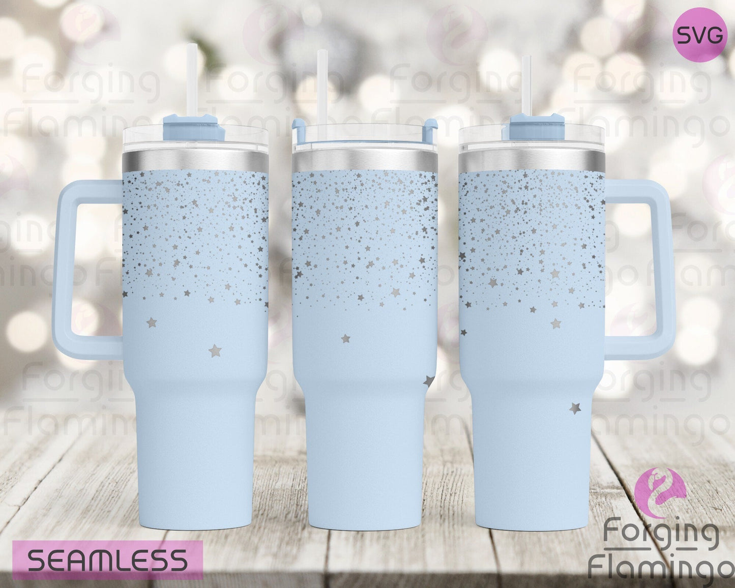 Mockup image of the Star Shower Tumbler Wrap SVG by Forging Flamingo, displayed on three tumblers featuring scattered and cascading stars in various sizes, creating a dreamy seamless celestial wrap. Digital design shown for 20oz, 30oz, and 40oz tumblers.