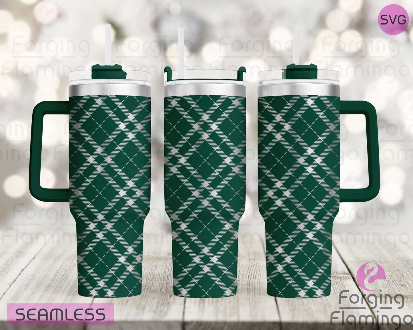 Mockup image of the Tartan Plaid Tumbler Wrap SVG by Forging Flamingo, displayed on three tumblers featuring traditional crisscrossing tartan lines in a seamless, cozy wrap. Digital design shown for 20oz, 30oz, and 40oz tumblers.