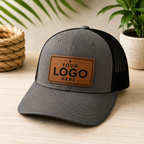 A dark gray and black trucker hat with a brown leather patch on the front that says 'YOUR LOGO HERE'. The hat is styled on a light wood table with a woven basket and a potted plant in the background.