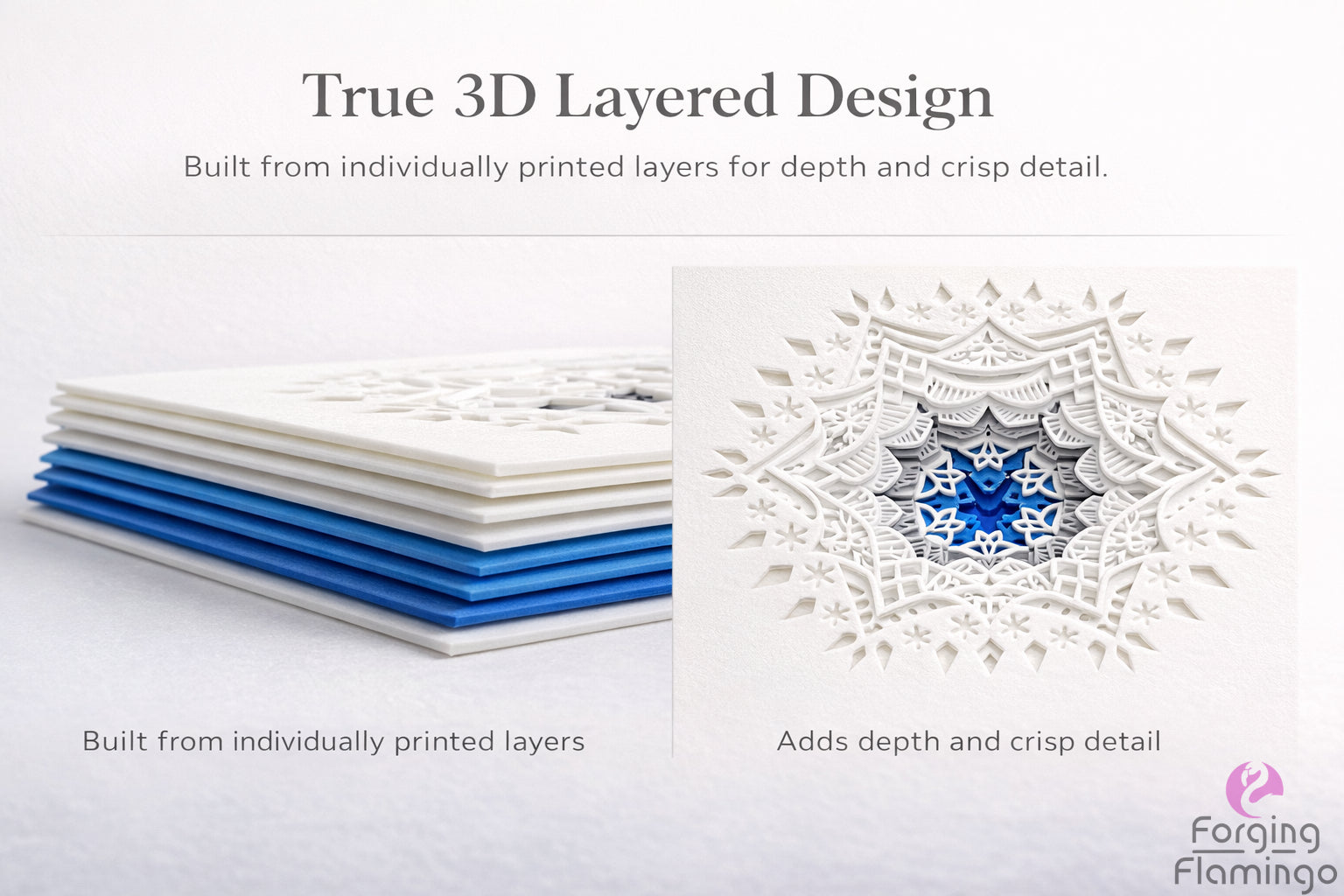 3D layered design with blue and white layers and a detailed snowflake pattern.